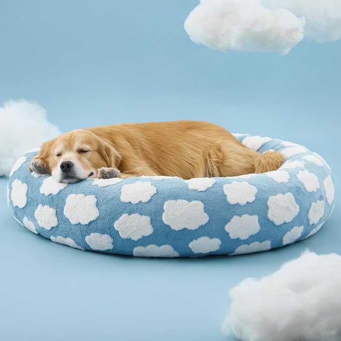 LE SURE Shown on TV Jacquard Donut Dog Beds Extra Large,Blue 42x42x9in | XL Orthopedic Calming Pet Bed Sofa, Original Design Pattern,Washable Cover, Home Decor as Gift for Pet,Anti Slip Bottom