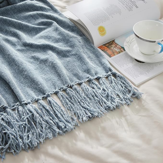 CozeCube Chenille Throw Blanket, Dusty Blue Fringe Blanket, 50"X60" | For Couch, Cozy Plush Fuzzy Decorative Blanket with Fringe Tassels, Lightweight Throws for Bed Sofa Gift Home Decor