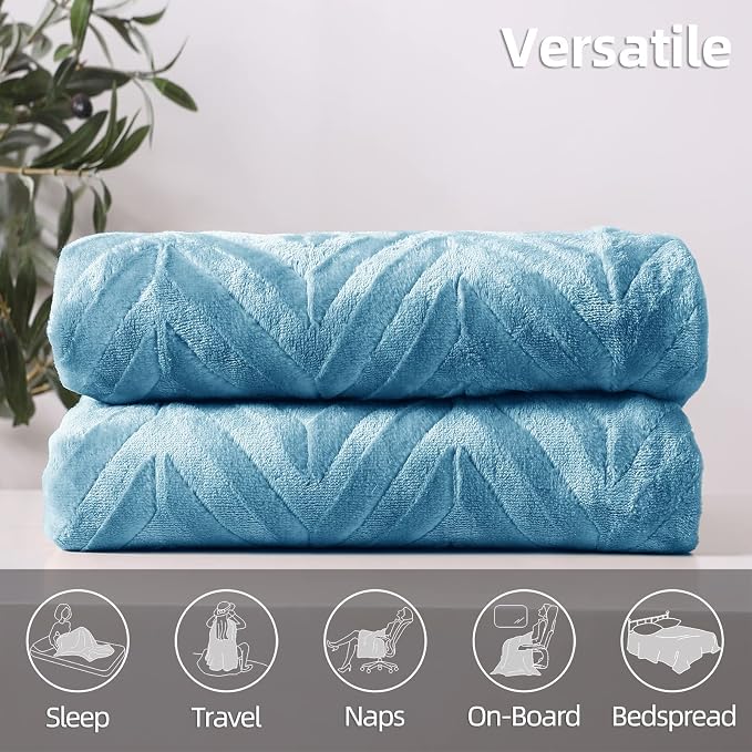 Whale Flotilla Flannel Fleece Fall Bed Blanket Twin Size, Stone Blue | Lightweight Breathable Soft Bedspread, Plush Fluffy Coverlet Chevron Design Decorative Blanket for Home Life, 60x80 Inch