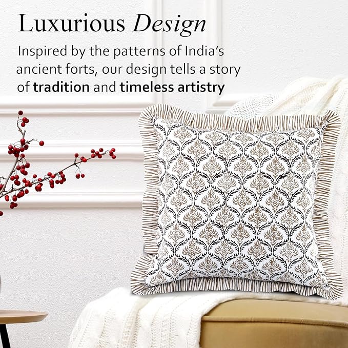 CPC Sandstone Regal Hand Block Print 100% Cotton Ruffle Throw Pillow Cover 20x20 inch with Hidden Zipper Decorative for Couch, Bed, Sofa, Farmhouse, Cottagecore Decor Gift Christmas Fall Thanksgiving