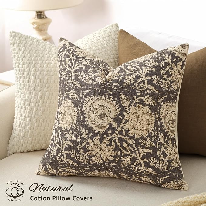 Vintage Floral Print Throw Pillow Covers 18x18 Set of 2 Neutral Modern Farmhouse Pillowcases Accent Decorative Cushion Covers Boho Home Decor for Couch Sofa Chair Bed Living Room, Rustic Gray