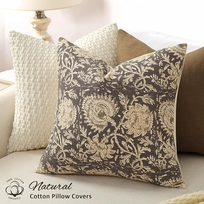 Vintage Floral Print Throw Pillow Covers 12x20 Set of 2 Neutral Modern Farmhouse Pillow Cases Accent Decorative Cushion Covers Boho Home Decor for Couch Sofa Chair Bed Living Room, Rustic Gray