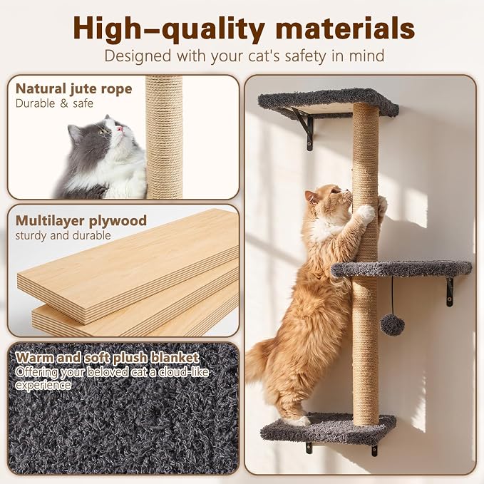 Cat Wall Shelves 6-in-1 Wall Mounted Cat Furniture 40 lbs, Dark Grey | Natural Wood, Bed & Cave & Scratching Post, 40 lbs for Large Cats, Space-Saving, for Living Room & Window
