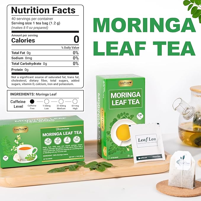 LeafLea Moringa Tea Bags, 100% Pure Moringa Leaf Herbal Tea, 40 Count | Single-Ingredient Moringa Oleifera, Individually Foil-Wrapped for Freshness, Caffeine-Free, Sugar-Free, Vegan
