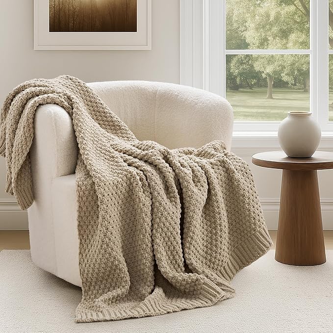 EVERGRACEHOME Chunky Chenille Knit Throw Blanket, 50 x 60, Sand Dune | Sculpted Moss Stitch, Chic Modern Farmhouse, All-Season Warmth, OEKO-TEX® Certified, Elegant Blanket for Couch, Bed, Sofa