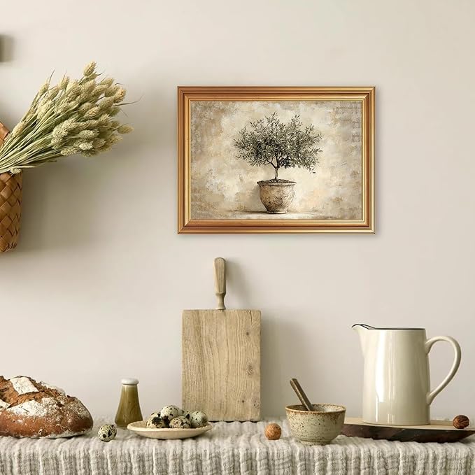 JLTULT Olive Tree Wall Art, Gold Framed Botanical Canvas, 12 x 16 Inches | Potted olive tree art on fade-resistant canvas with a ready-to-hang gold-tone PS frame for kitchens, dining rooms and offices