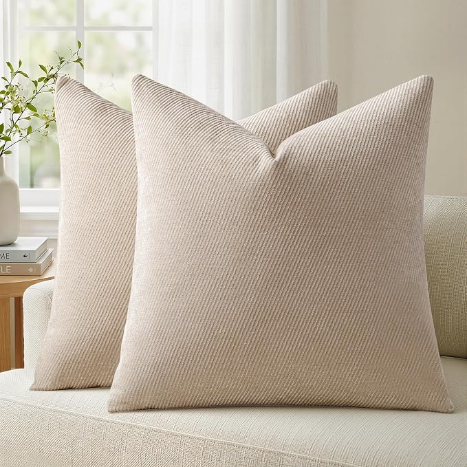 a moment Pack of 2 Decorative Chenille Throw Pillow Covers with Twill Cushion Covers for Sofa Living Room Couch Bed 22x22 Inch Beige