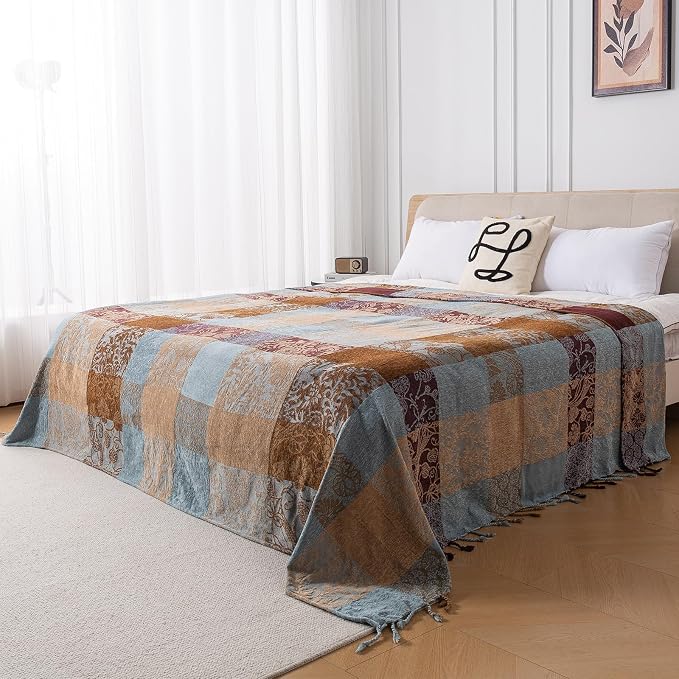 Boho Chenille Throw Blanket, Bohemian Jacquard Tassels Cover for Couch Bed, Decorative Sofa Slipcover Protector - Colorful Tribal Pattern (Vintage, 86 * 102 in)