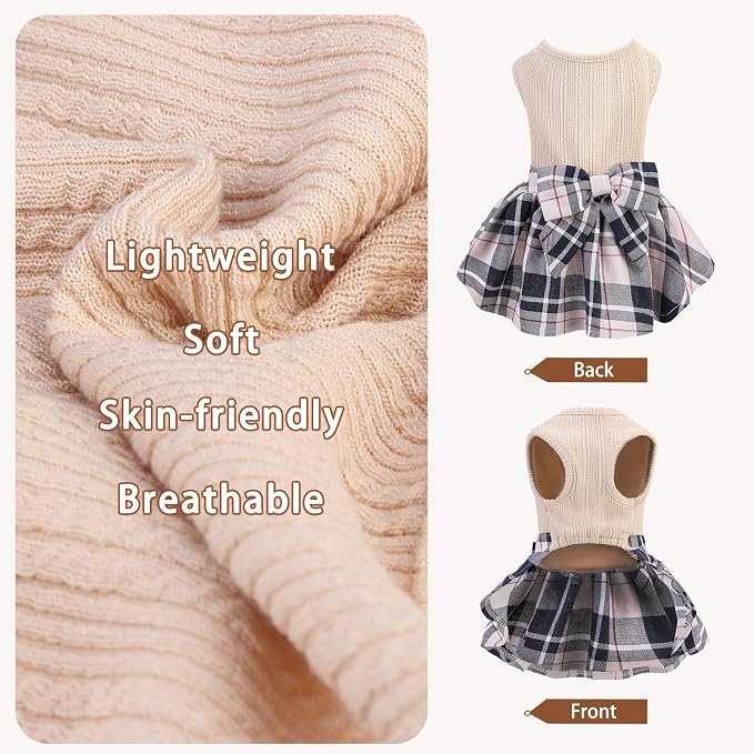 PUPTECK Cute Soft Plaid Dog Dress with Bow Puppy Skirt Clothes, Beige S | Breathable Lightweight Adorable Puppy Doggie Pet Clothes Outfits Apparel Costume for Small Medium Large Dogs Girl