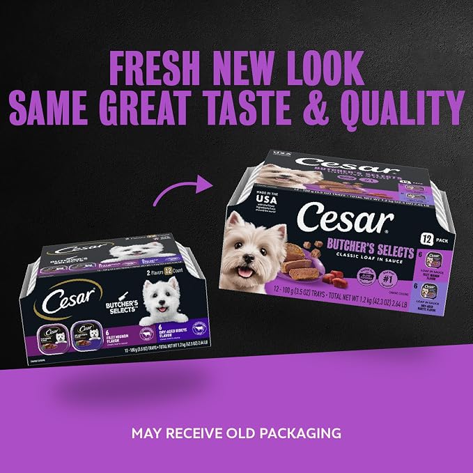 Cesar Classic Loaf in Sauce Wet Dog Food Butcher's Selects Variety Pack, Dry-Aged Ribeye Flavor and Filet Mignon Flavor, 3.5 oz. Easy Peel Trays, Variety Pack (12 Count, Pack of 1)