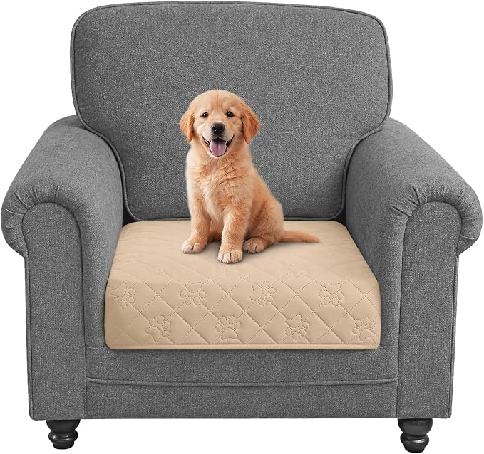 PAWFINITY Waterproof Arm Chair Covers for Dogs, Pet Blanket for Couch | Paw Print Quilted, Hair Resistant, Anti Cat Scratch, Washable Furniture Protector for Single Sofa Cushion, 30x30 Inch, Beige