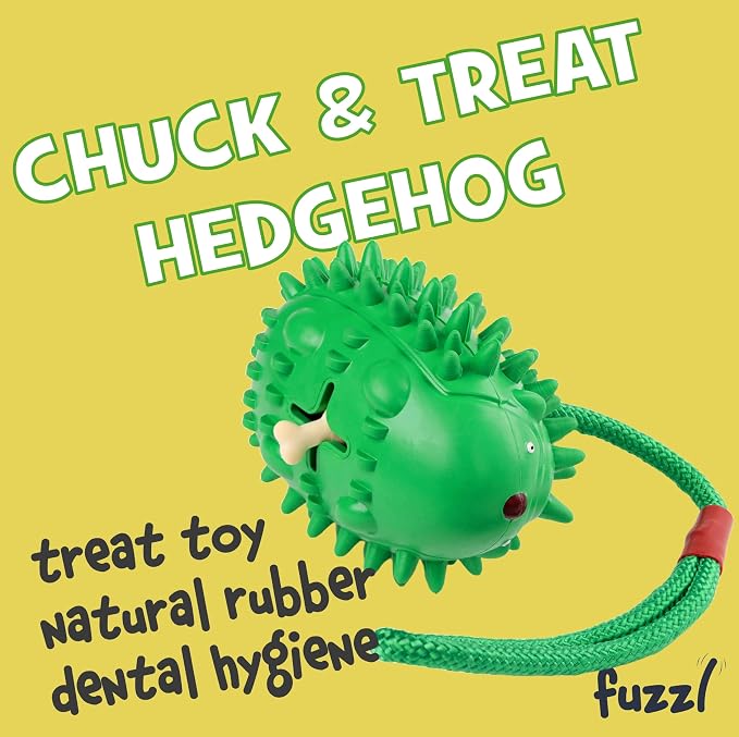 Fuzzl Eco Rubber Chuck & Treat Hedgehog - Green - Long Lasting Dog Chew Toys for Aggressive Chewers Strong Dog Toy for Dogs Durable Puppy Toys