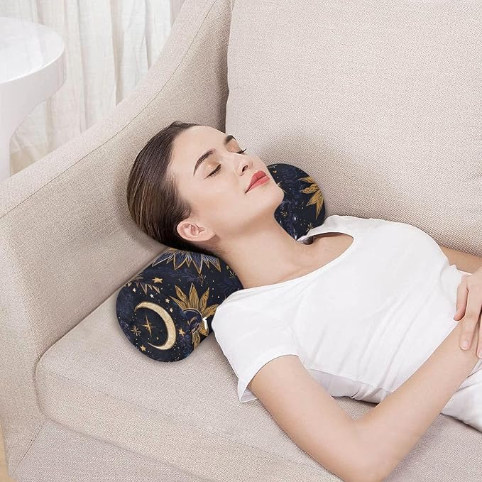 Purple Boho Sun Moon Neck Roll Pillow Bolster Round Health Memory Foam Long Cervical Cylinder Pillows with Removable Washable Cover for Body Bed Legs Back Yoga