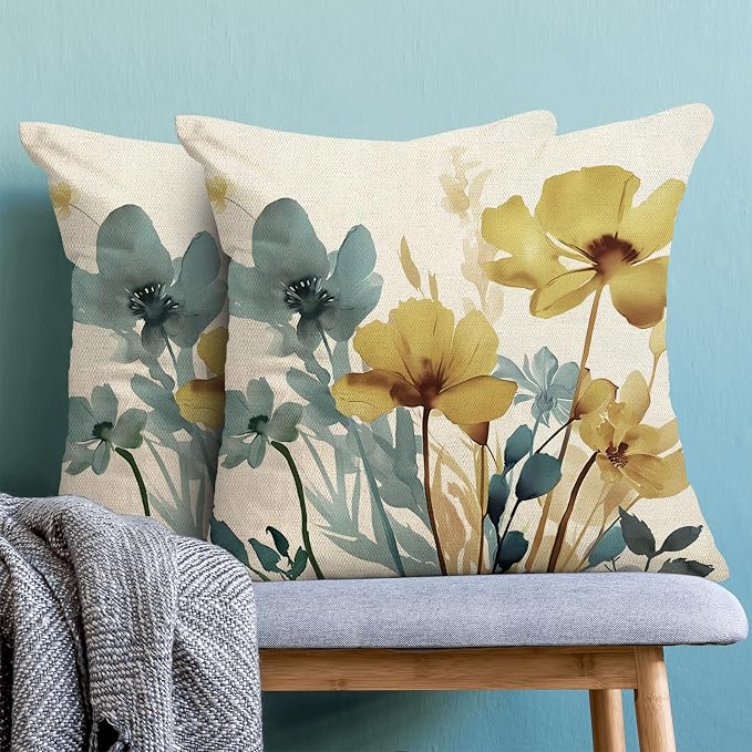 Spring Floral Pillow Covers 20x20 Inch Set of 2 Blue Yellow Floral Throw Pillow Cover Outdoor Modern Summer Flower Decoration Pillowcase Farmhouse Decorative Linen Cushion Cover For Couch Sofa