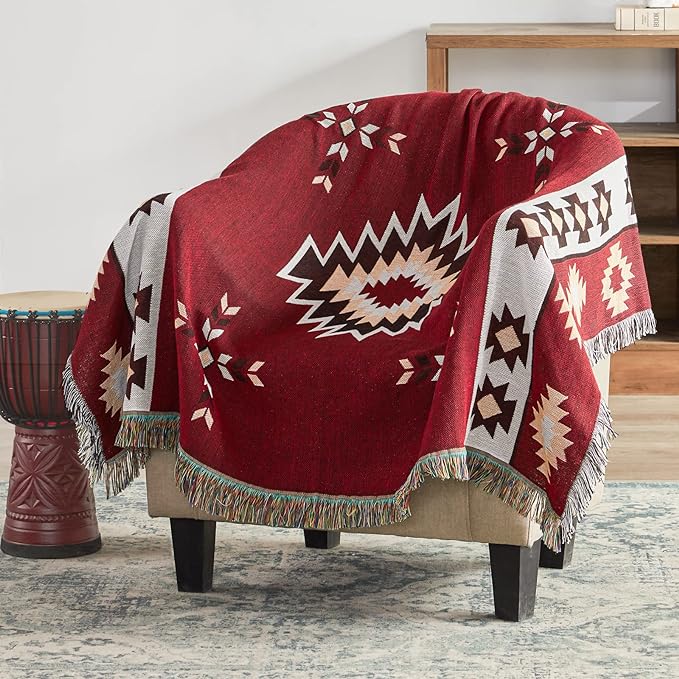 Native American Blanket Boho Throw Blanket for Sofa and Bed, Mexican Decorative Farmhouse Blanket, Southwest Decor Woven Blankets, Aztec Throw Blankets Bohemian with Tassel(Wine,50×60 inch)