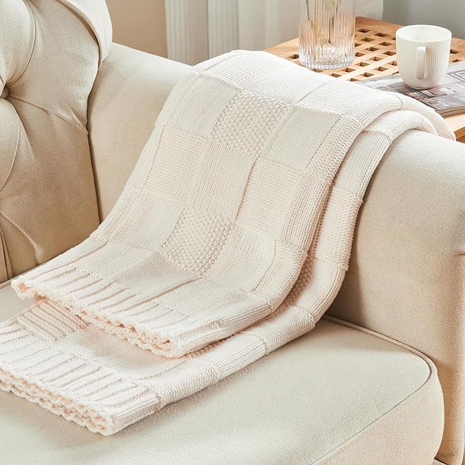 CozeCube Cream White Knitted Checkered Throw Blanket 50"X60" | Check Knit Throw for Couch, Decorative Christmas Soft Cozy Warm Blanket for Bed Sofa Living Room