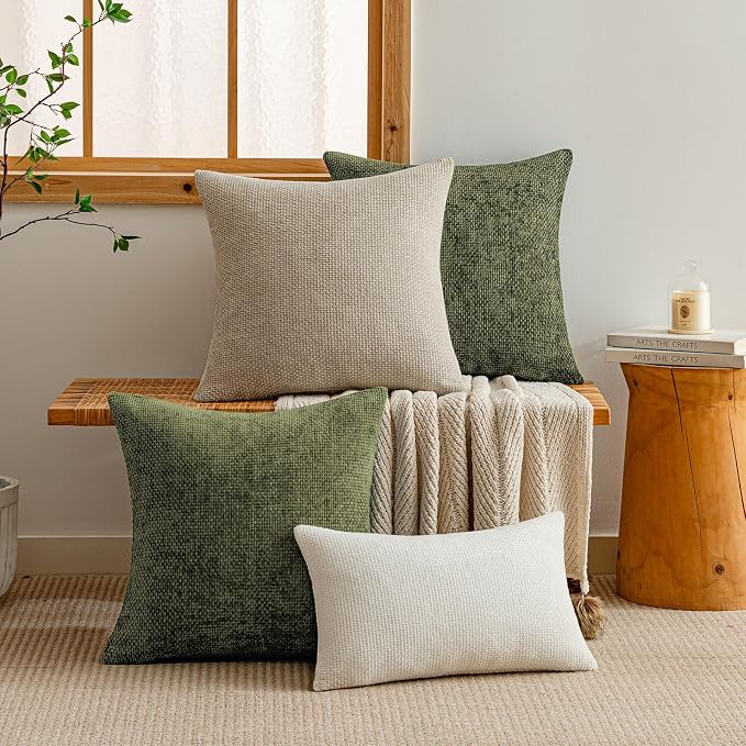 a moment Olive Green Chenille Throw Pillow Covers 22x22 Inch Pack of 2 Modern Decorative Throw Pillow Covers Farmhouse Cross Covers Home Decor for Sofa Bedroom Living Room