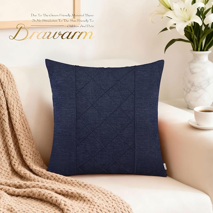 BRAWARM Chenille Throw Pillow Covers 20x20 Inches, Navy Blue, 2 Pack | Decorative Pleated Pillow Covers, Soft Cushion Cases for Sofa Bed Living Room Home Farmhouse (No Insert)