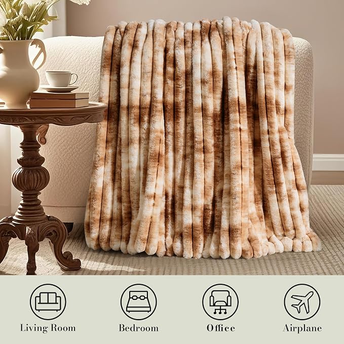 Faux Fur Throw Blanket for Couch, Cozy Fuzzy Fluffy Fur Luxurious Soft Striped Plush Gift Blankets for Family Sofa Chair Bedroom, 55"x70", Tie-dye Khaki