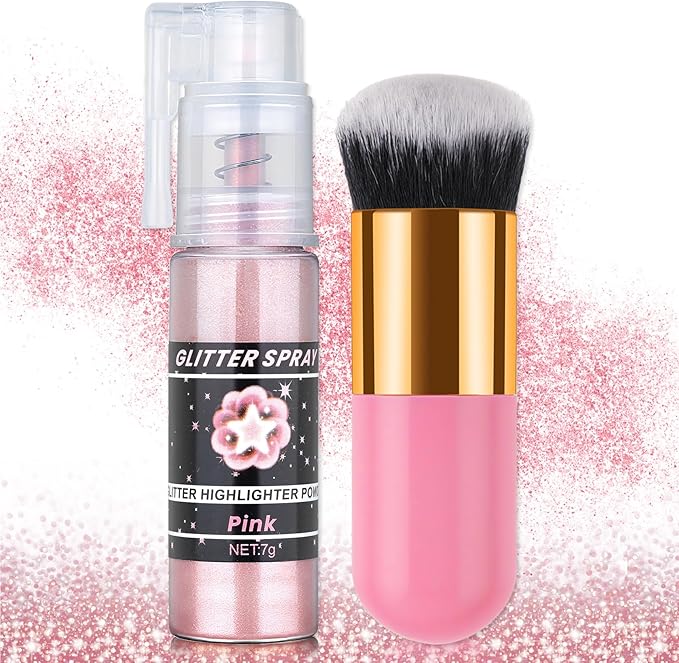 AWCCXMYM Body Glitter Spray Sparkle Hairspray Highlighter Glitter Shiny Spraay for Hair and Body,Face Glitter Powder for Halloween,Christmas,Concert Accessories Party Body Makeup(Pink)