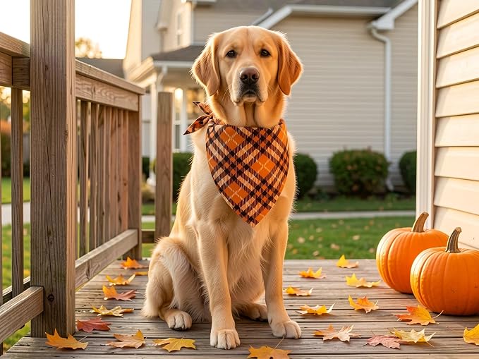 Fall Dog Bandanas 2PCS Halloween Pumpkin Spider Web XLarge Dogs | Reversible dog bandanas for fall & Halloween & Thanksgiving. Orange plaid/pumpkin/Spider Web design. Fits extra large dog