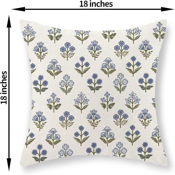 Farmhouse Floral Block Print Pillow Covers 18x18 Set of 2, Vintage Rustic Decorative Throw Pillows Modern Flower Cushion Covers for Sofa Couch Bed Living Room Home Decor, Sage Green Blue