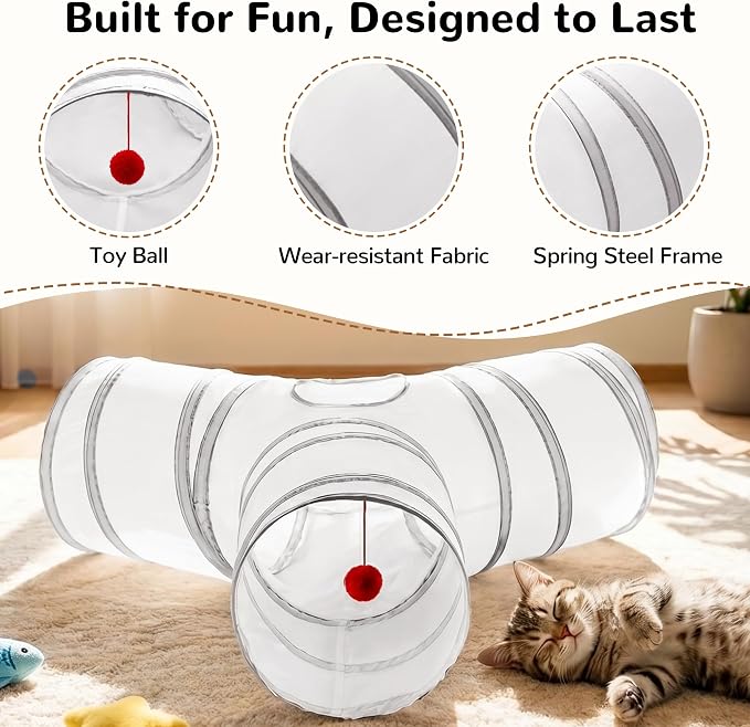 Tempcore Cat Tunnel, 3-Way Collapsible Toy for Indoor Cats, White & Grey