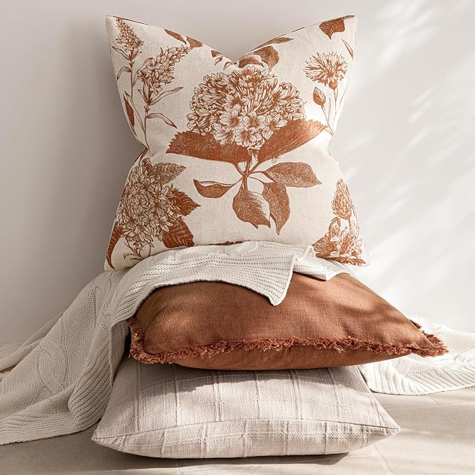 Foindtower Set of 2 Linen Floral Throw Pillow Covers Vintage Accent Print Decorative Cozy Cushion Covers Farmhouse Boho Home Decor for Sofa Chair Couch Bedroom Living Room,22×22 Inch,Autumn Orange