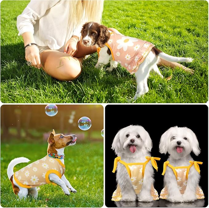 Frienda 4 Pieces Dog Clothes Set Include 2 Pcs Cute Pet Dress Lovely Dog Dress and 2 Pcs Breathable Pet T Shirt Puppy Clothes(Daisy,Small)