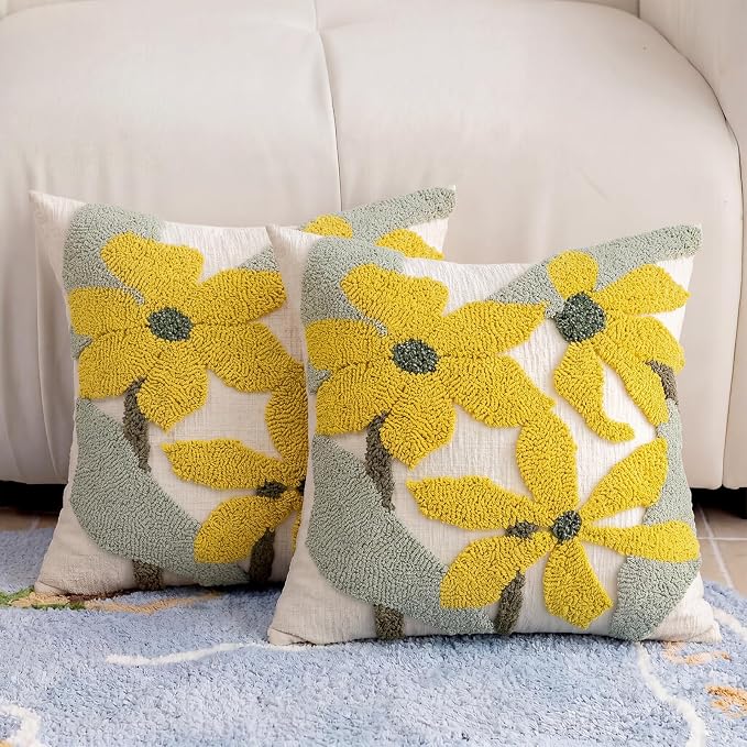 Summer Floral Throw Pillow Covers 20x20 Inch Set of 2, Chenille Embroidered Pillowcase with 3D Tufted Yellow Flowers Sage Green Leaves, Boho Decorative Cushion Covers for Couch Sofa Bed