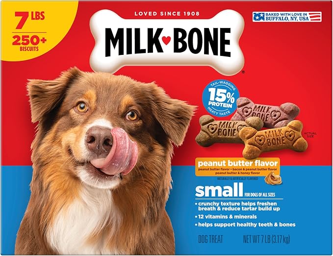 Milk-Bone Peanut Butter Flavor Biscuits, Small Dog Treats, 7 Lb. | Naturally and artificially flavored, 3 tail-wagging flavors, 250+ biscuits, 15% protein