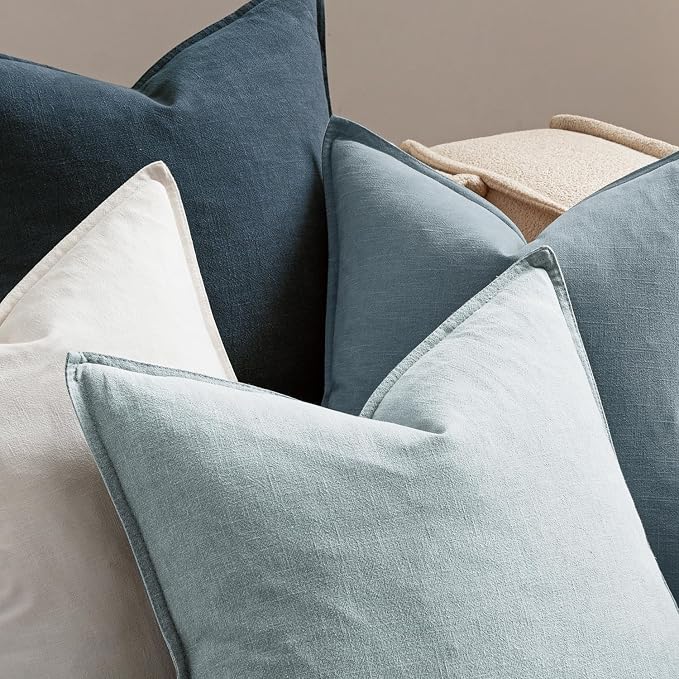 MIULEE Blue Boho Linen Decorative Pillow Covers 20x20 Inch Pack of 4 | Natural Throw Pillow Covers, Soft Farmhouse Couch Pillowcases, Modern Home Coastal Decor for Living Room Bed Sofa