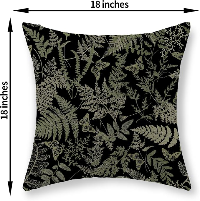 Black Pillow Covers 18x18 Set of 2 Sage Green Wildflower Leaf Plant Decorative Pillowcase Tropical Fern Herbs Botanical Floral Cushion Case Decor Summer Outdoor Throw Pillows for Couch Sofa