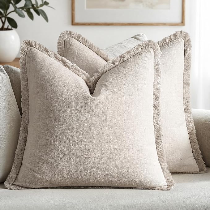 MIULEE Linen Fringe Decorative Throw Pillow Covers Natural Beige 16x16 | Set of 2, Cottagecore Decor, Boho Farmhouse Neutral Pillow Covers, Rustic Couch Cushion Cases for Sofa Bed Living Room