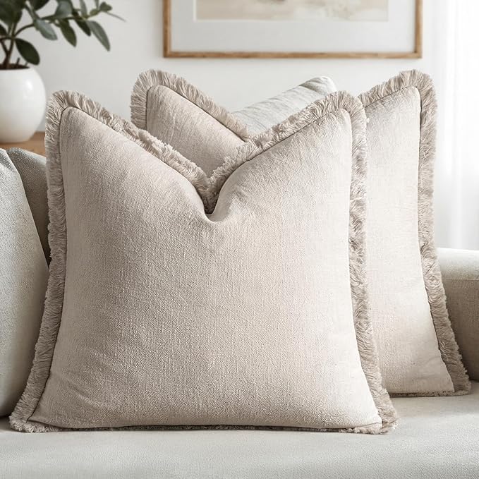 MIULEE Linen Fringe Decorative Throw Pillow Covers Natural Beige 20x20 | Set of 2, Cottagecore Decor, Boho Farmhouse Neutral Pillow Covers, Rustic Couch Cushion Cases for Sofa Bed Living Room