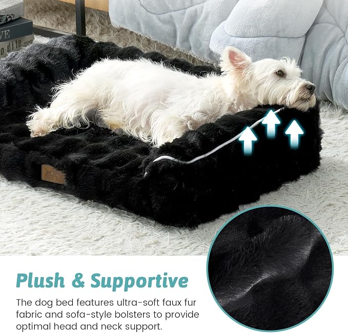 COZY KISS Faux Rabbit Fur Orthopedic Dog Bed, Dog Bed for Large Size, Supportive Foam Pet Sofa with Waterproof Lining Cover, Washable U-Shaped Pet Couch with Anti-Slip Bottom, Black L 36x27x6.5 inch