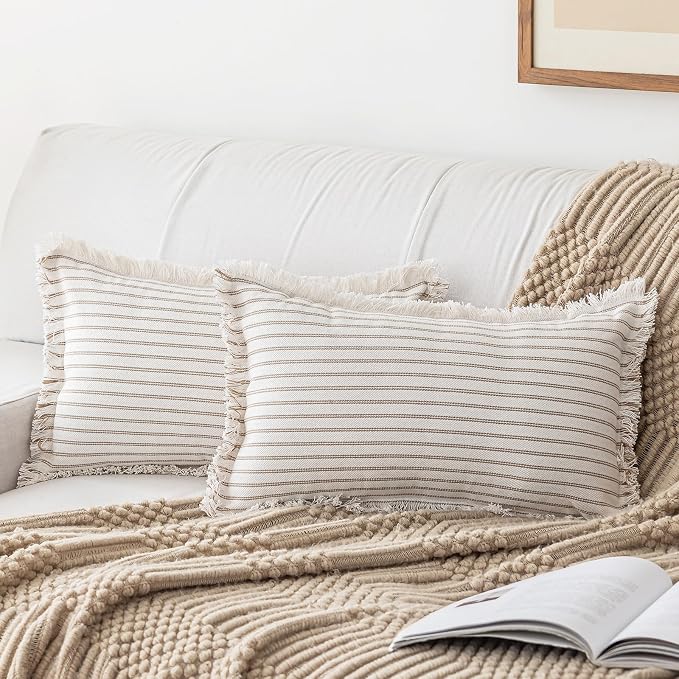 YEENAASY Throw Pillow Covers 12x20 Boho Striped Pillow Cases with Tassel | Set of 2 Fringe Pillow Cover Farmhouse Cushion Covers Neutral Pillows Decorative Lumbar Pillowcase for Couch Sofa Bed, Khaki