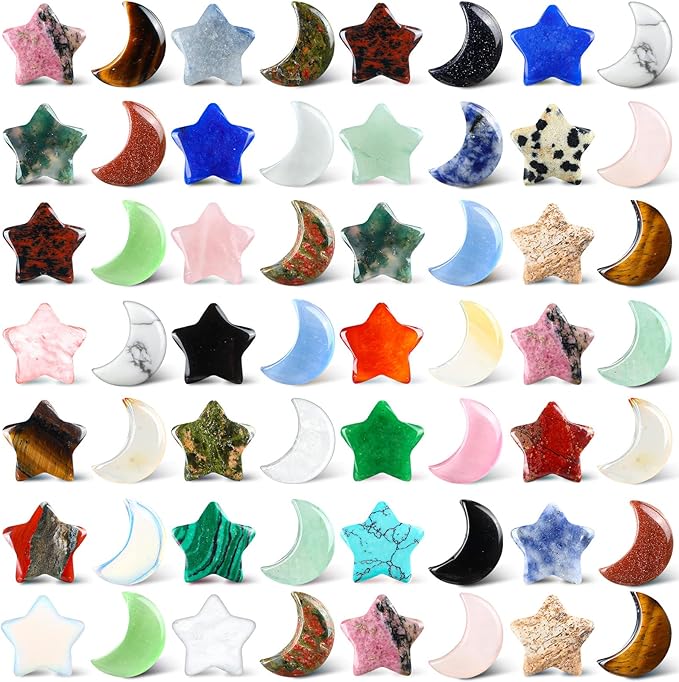 Nuenen 60 Pieces Worry Stones Bulks Star Shaped Crystals and Moon Shaped Crystals Assorted Palm Thumb Stones Hand Making Gemstone Decorative Crystal for Witchcraft Meditation DIY Balancing Jewelry