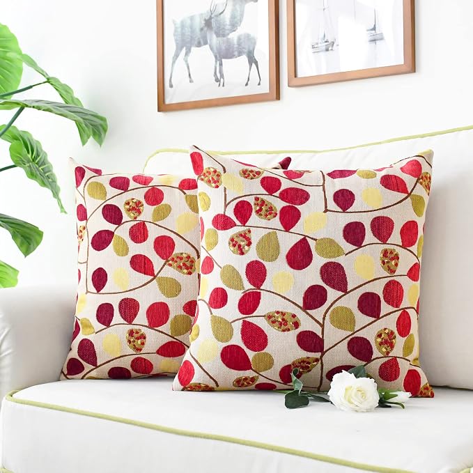 CaliTime Fall Decorative Throw Pillow Covers 20 X 20 Inches Ecru Red | Luxury Chenille Cute Leaves Cushion Case Shell for Couch Sofa Bed Living Room Home