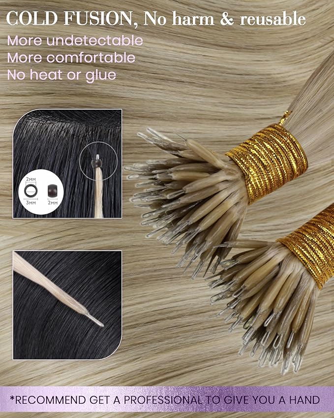 LaaVoo Nano Bead Hair Extensions Human Hair Highlight Nano Ring Hair Extensions Ash Blonde 22 Inch 50g 50s