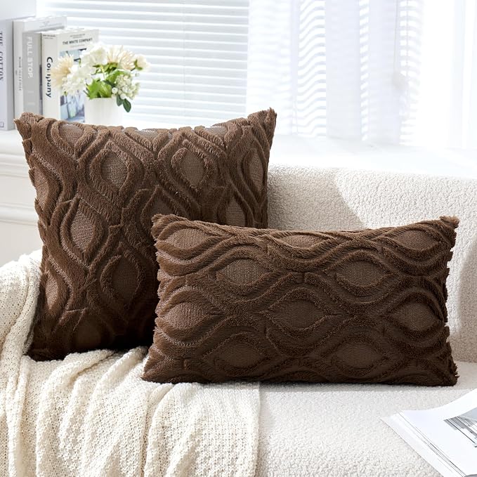 MIULEE Dark Brown Soft Plush Faux Wool Throw Pillow Covers 16x16 | Set of 2, Farmhouse Boho Home Decor, Decorative Cushion Covers for Sofa, Living Room, Bed