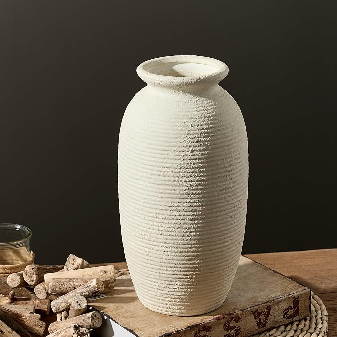Ceramic Flower Vase, 12.5" Large Rustic Farmhouse Vases Home Decor Tall Pottery Decorative Pampas Vase for Table Living Room Entryway Mantel Bookshelf Bedroom Bathroom Kitchen - W
