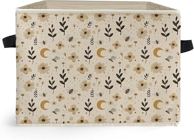 Boho Witchy Moon Floral Storage Box Bins, Beige Rustic Flower Botanical Collapsible Storage Basket Organizer for Bedroom Laundry Room Home Clothes Books, Decor for Room
