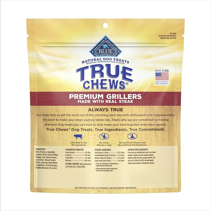 Blue Buffalo True Chews Premium Grillers Steak Dog Treats, 20 oz | Real Beef First, Charred Grilled Texture, No Chicken By-Product, Corn, Wheat, or Soy