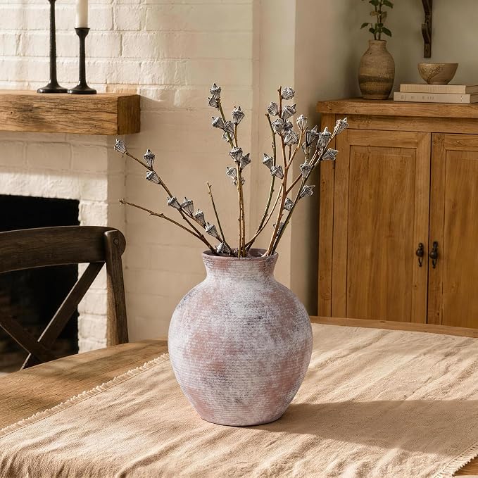 Ceramic Flower Vase Home Decor, 7.4 in Farmhouse Table Vase Retro Vintage Living Room Kitchen Bedroom Decoration Pottery Decorative Vases for Flowers Shelf Office Coffee Desk Dining Entryway, Classic