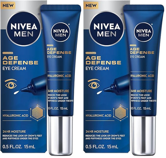 NIVEA MEN Age Defense Eye Cream with Hyaluronic Acid,24-Hour Hydrating Under Eye Cream for Men Helps Reduce Look of Crow's Feet,Fine Lines and Dark Circles,0.5 Fl Oz Tube,(Pack of 2)