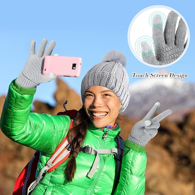 SATINIOR 5 Pcs Winter Hat Scarf Gloves Set Fleece Warm Lined Knit Beanie Hat Touch Screen Earmuff Gloves Warmer for Women(Grey,Classic Style)