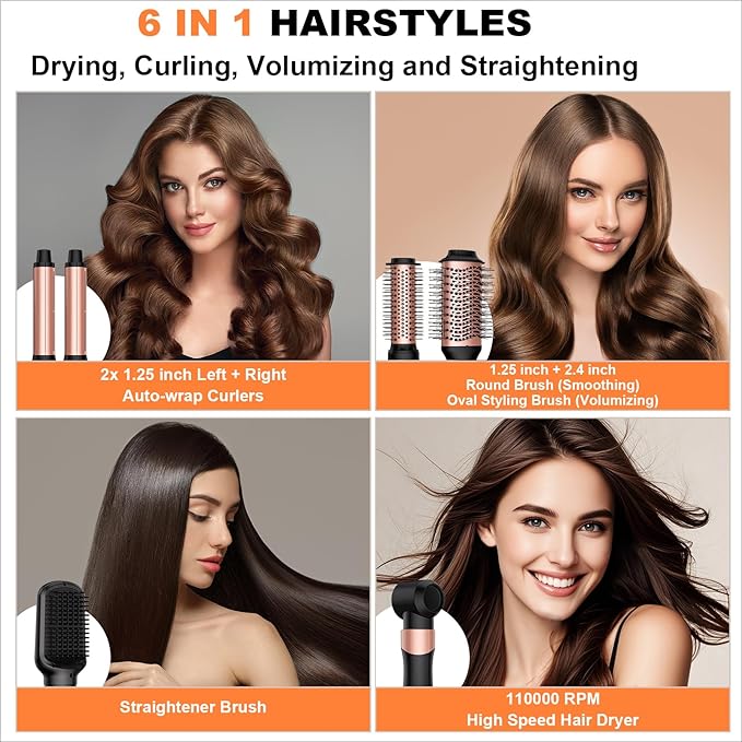 6-in-1 High-Speed Air Styler,110,000 RPM Professional Hair Dryer Brush-Fast Drying with No Heat Damage,Auto-Wrap Curlers for Effortless Salon Curls & Smoothing,Ionic Care & Travel Ready (Rose Gold)