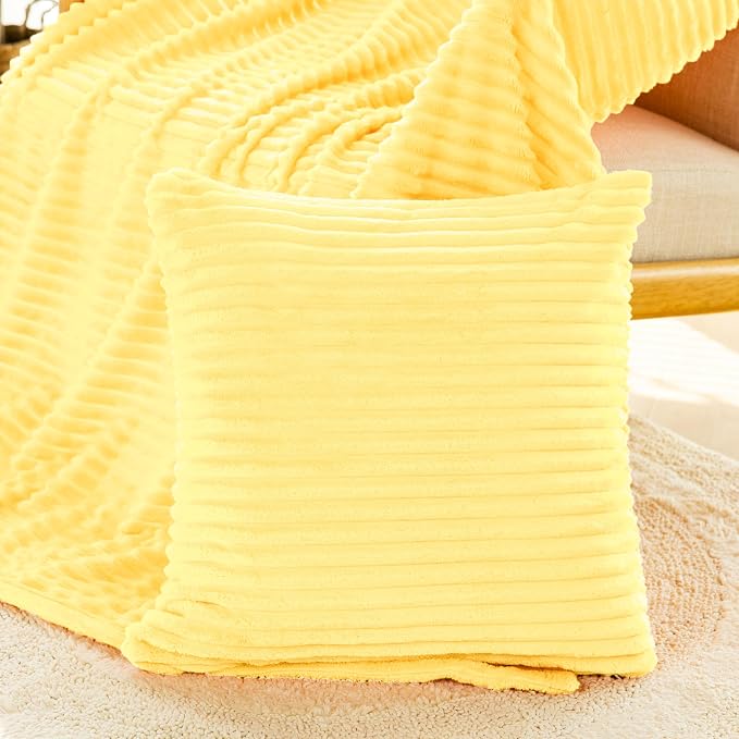 Vessia Flannel Throw Blanket with Pillow Cover for Couch,Sofa,Bed, 300GSM Striped Light Yellow Blanket for Adults, Super Soft Warm Cozy Ribbed Pale Yellow Throw for All-Season(50x71 inch)