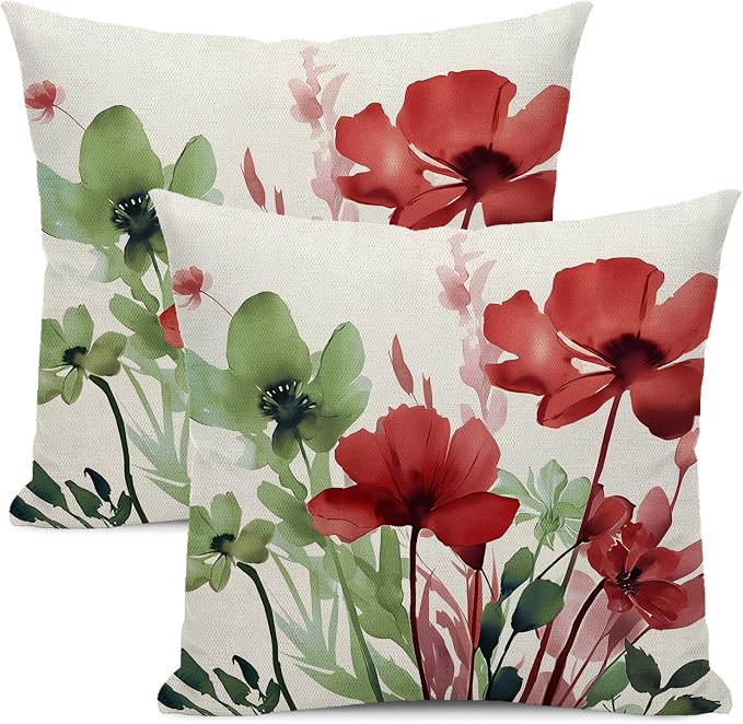 Floral Pillow Covers 18x18 Inches Set of 2 Sage Green Burgundy Red Floral Throw Pillow Covers Outdoor Rustic Summer Flower Decor Pillowcase Farmhouse Decorative Cushion Cover for Home Sofa